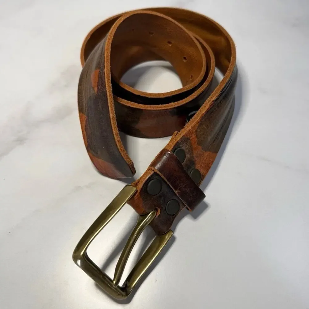 BRAVE Beltworks SKRUNCHY Italian Leather Belt Size 32 Brown Camo Handcrafted